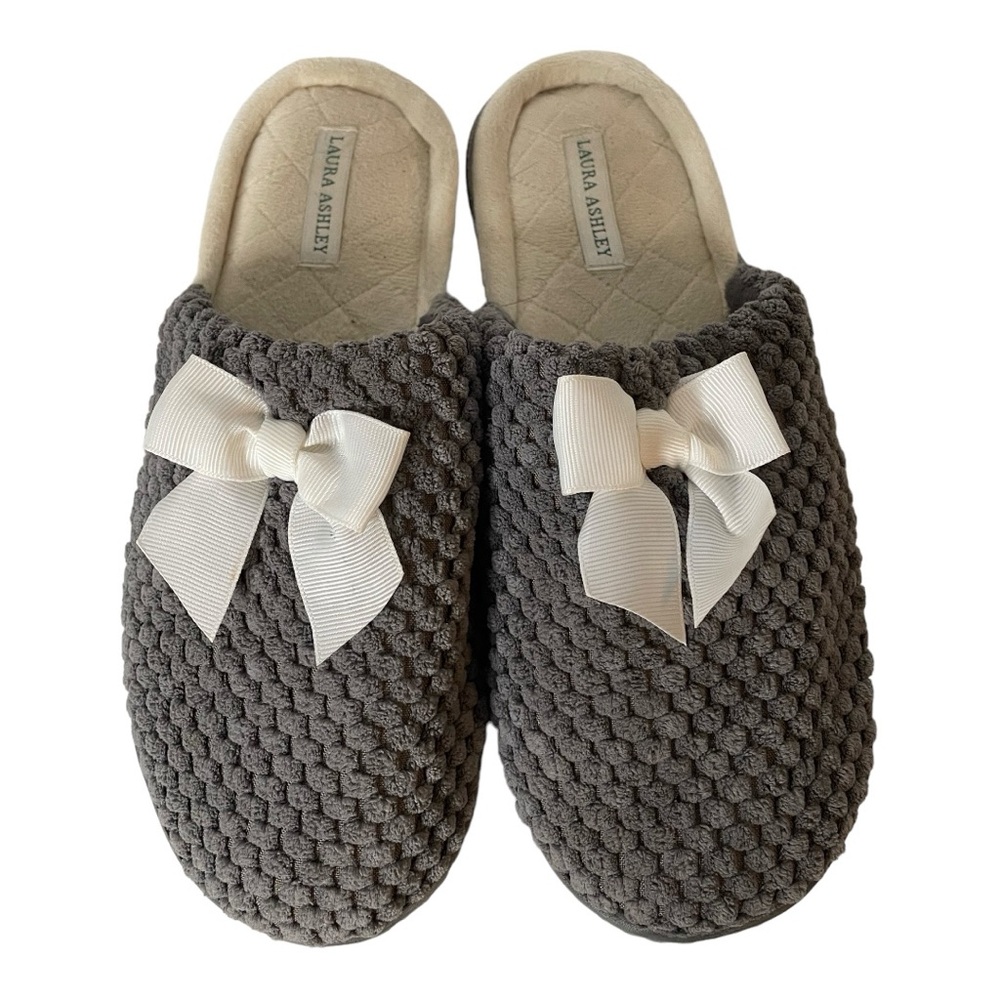 Laura Ashley gray memory foam soft slippers white bows size L (8-9)